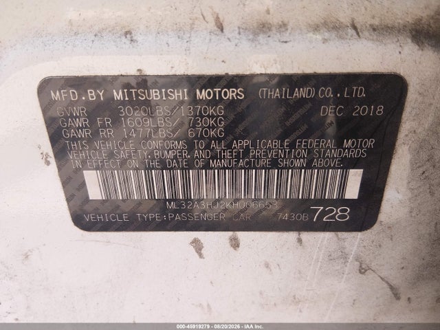 Продаж на аукціоні авто 2019 Mitsubishi Mirage Es, vin: ML32A3HJ2KH006653, номер лоту: 45919279