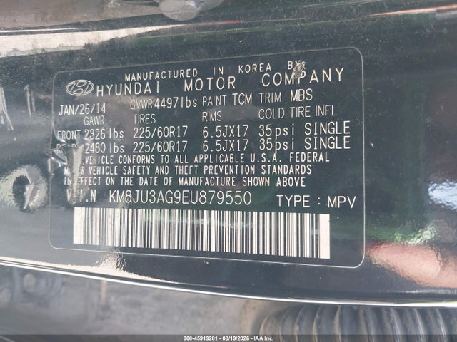 2014 Hyundai Tucson Se მანქანა იყიდება აუქციონზე, vin: KM8JU3AG9EU879550, აუქციონის ნომერი: 45919281