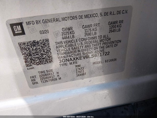 Продаж на аукціоні авто 2020 Chevrolet Equinox Fwd Lt 1.5l Turbo, vin: 3GNAXKEV9LS671722, номер лоту: 45919283