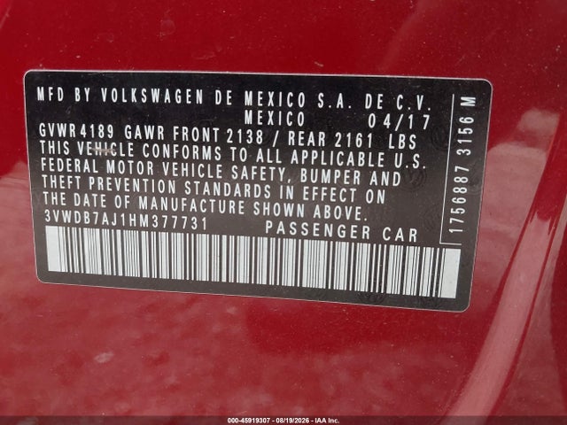 45919307 :رقم المزاد ، 3VWDB7AJ1HM377731 vin ، 2017 Volkswagen Jetta 1.4t Se مزاد بيع