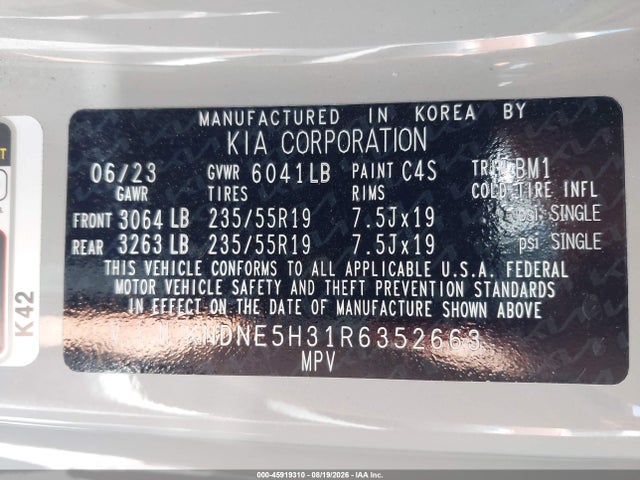 45919310 :رقم المزاد ، KNDNE5H31R6352663 vin ، 2024 Kia Carnival Mpv Sx Prestige مزاد بيع
