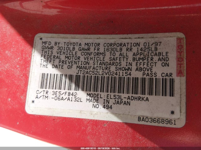 1997 Toyota Tercel Limited Edition მანქანა იყიდება აუქციონზე, vin: JT2AC52L2V0241154, აუქციონის ნომერი: 45919318