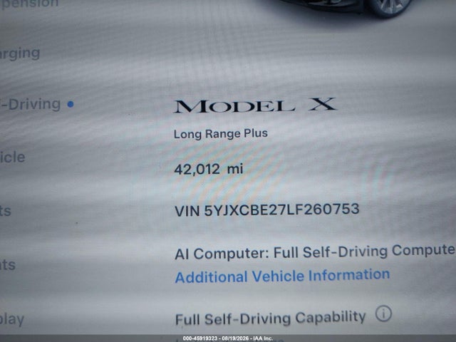 Продаж на аукціоні авто 2020 Tesla Model X Long Range Dual Motor All-wheel Drive/long Range Plus Dual Motor All-wheel Drive, vin: 5YJXCBE27LF260753, номер лоту: 45919323