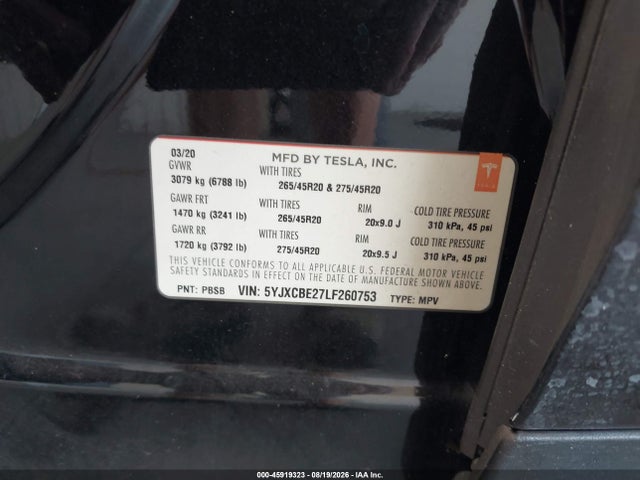 Продаж на аукціоні авто 2020 Tesla Model X Long Range Dual Motor All-wheel Drive/long Range Plus Dual Motor All-wheel Drive, vin: 5YJXCBE27LF260753, номер лоту: 45919323