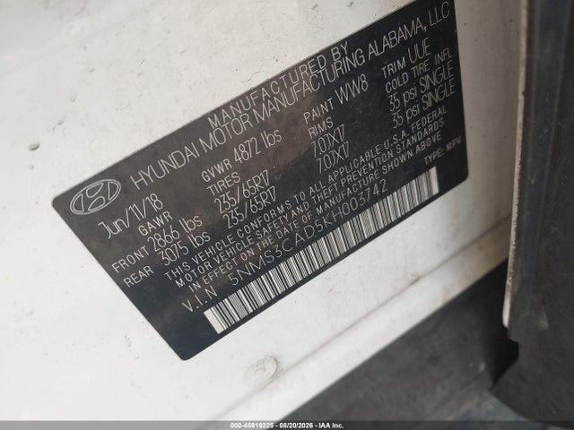 45919325 :رقم المزاد ، 5NMS3CAD5KH003742 vin ، 2019 Hyundai Santa Fe Sel مزاد بيع