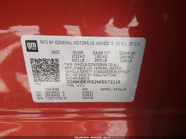 Продаж на аукціоні авто 2021 Chevrolet Blazer Fwd Rs, vin: 3GNKBERS2MS573119, номер лоту: 45919353