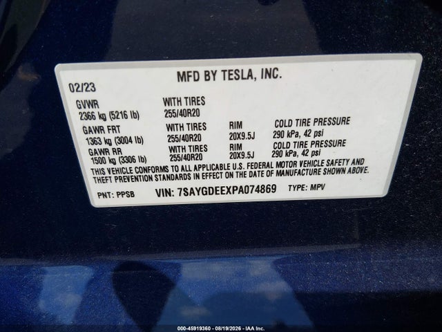 45919360 :رقم المزاد ، 7SAYGDEEXPA074869 vin ، 2023 Tesla Model Y Awd/long Range Dual Motor All-wheel Drive مزاد بيع