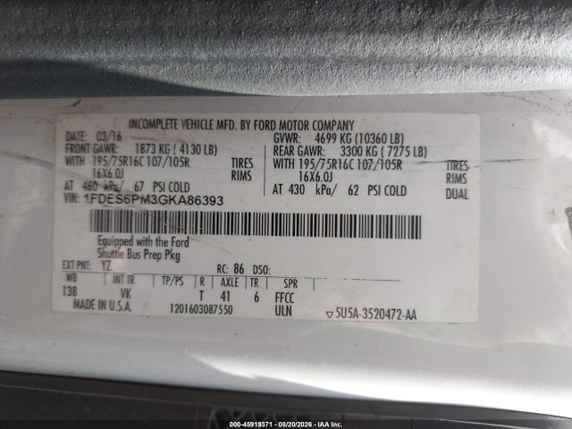 Aukcja sprzedaży 2016 Ford Transit-350 Cutaway, vin: 1FDES6PM3GKA86393, numer aukcji: 45919371