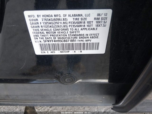 45919375 :رقم المزاد ، 5FNYF4H95CB071891 vin ، 2012 Honda Pilot Touring مزاد بيع