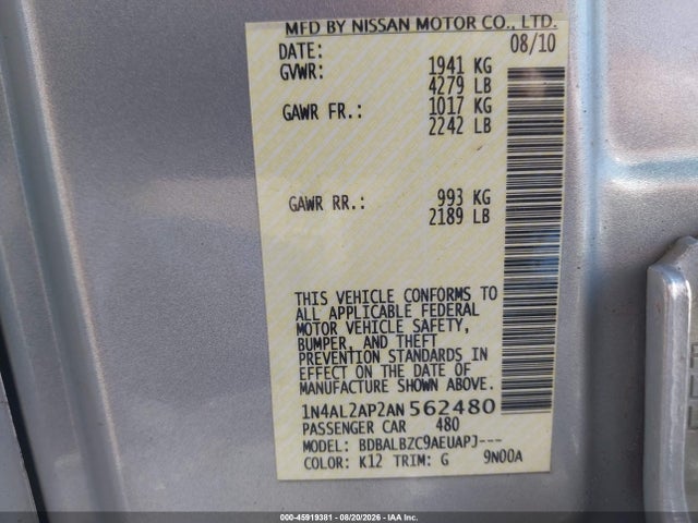 Продаж на аукціоні авто 2010 Nissan Altima 2.5 S, vin: 1N4AL2AP2AN562480, номер лоту: 45919381