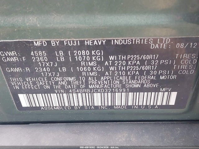 2013 Subaru Outback 2.5i Limited მანქანა იყიდება აუქციონზე, vin: 4S4BRBJCXD3216991, აუქციონის ნომერი: 45919392