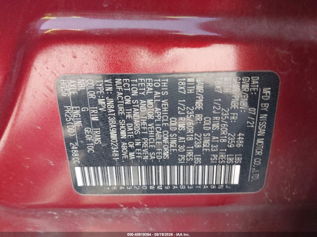 2021 Nissan Rogue Sv Fwd მანქანა იყიდება აუქციონზე, vin: JN8AT3BA9MW023481, აუქციონის ნომერი: 45919394
