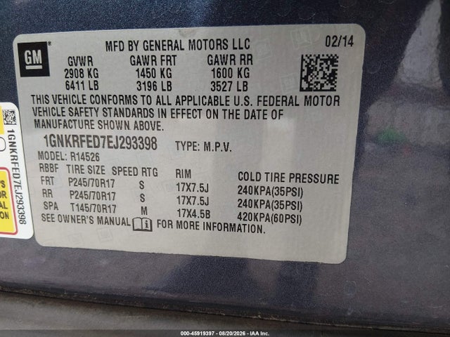 2014 Chevrolet Traverse Ls მანქანა იყიდება აუქციონზე, vin: 1GNKRFED7EJ293398, აუქციონის ნომერი: 45919397