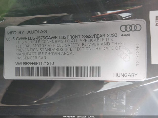 Aukcja sprzedaży 2015 Audi A3 2.0t Premium, vin: WAUBFGFF6F1121210, numer aukcji: 45919398