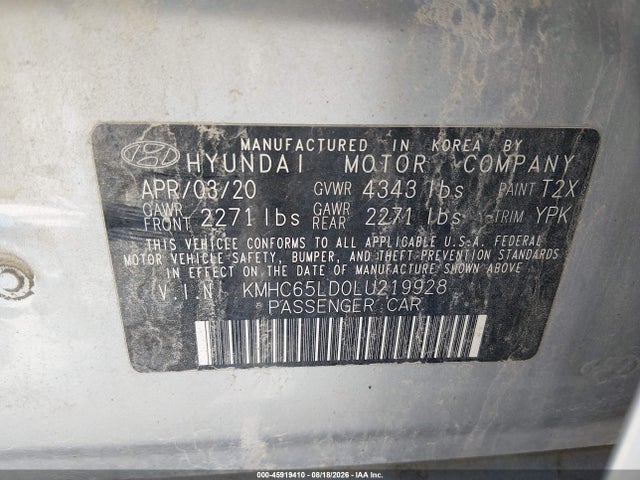 Продаж на аукціоні авто 2020 Hyundai Ioniq Plug-in Hybrid Se, vin: KMHC65LD0LU219928, номер лоту: 45919410