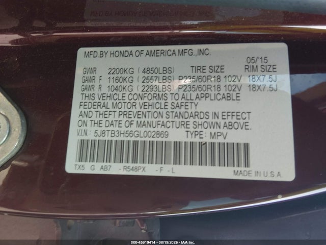 Продажа на аукционе авто 2016 Acura Rdx Technology   Acurawatch Plus Packages/technology Package, vin: 5J8TB3H56GL002869, номер лота: 45919414