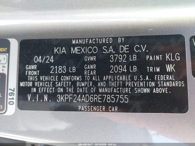 45919417 :رقم المزاد ، 3KPF24AD6RE785755 vin ، 2024 Kia Forte Lxs مزاد بيع