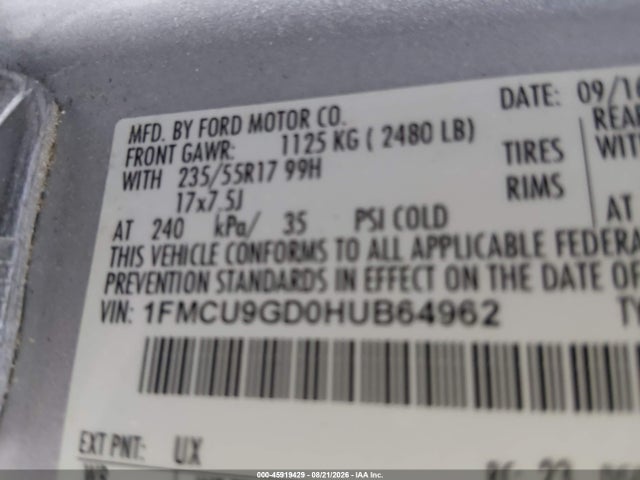 45919429 :رقم المزاد ، 1FMCU9GD0HUB64962 vin ، 2017 Ford Escape Se مزاد بيع