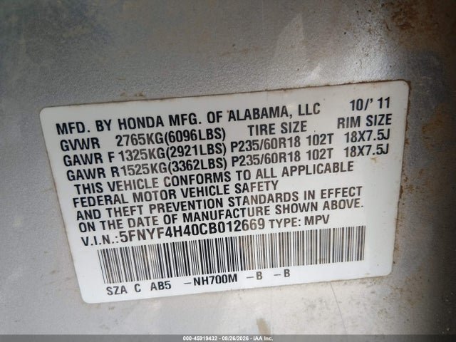 Продаж на аукціоні авто 2012 Honda Pilot Ex, vin: 5FNYF4H40CB012669, номер лоту: 45919432
