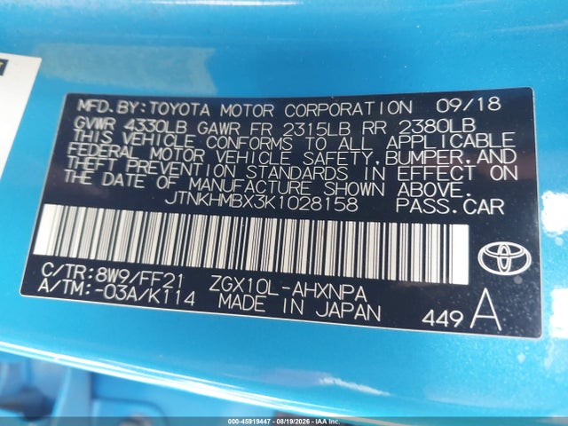 Aukcja sprzedaży 2019 Toyota C-hr Xle, vin: JTNKHMBX3K1028158, numer aukcji: 45919447