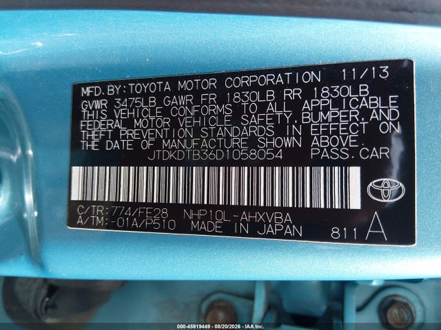 2013 Toyota Prius C One მანქანა იყიდება აუქციონზე, vin: JTDKDTB36D1058054, აუქციონის ნომერი: 45919449