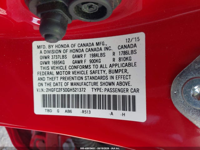 2016 Honda Civic Lx მანქანა იყიდება აუქციონზე, vin: 2HGFC2F50GH521372, აუქციონის ნომერი: 45919451