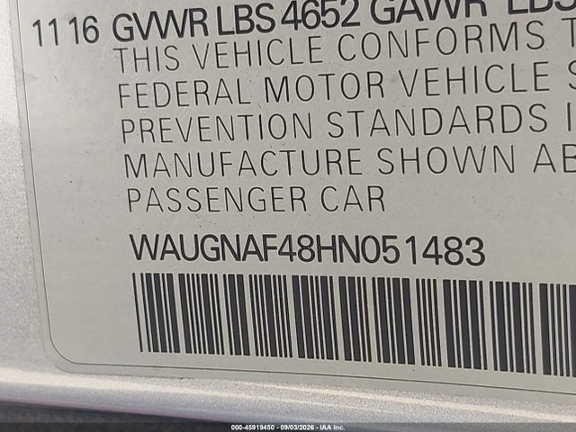 2017 Audi A4 2.0t Premium მანქანა იყიდება აუქციონზე, vin: WAUGNAF48HN051483, აუქციონის ნომერი: 45919450