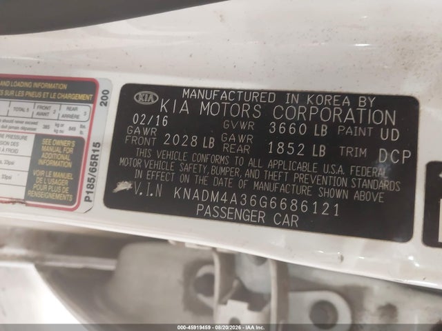 Aukcja sprzedaży 2016 Kia Rio Lx, vin: KNADM4A36G6686121, numer aukcji: 45919459