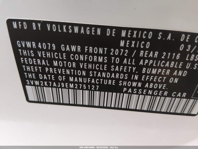 2014 Volkswagen Jetta 2.0l S მანქანა იყიდება აუქციონზე, vin: 3VW2K7AJ9EM275127, აუქციონის ნომერი: 45919469