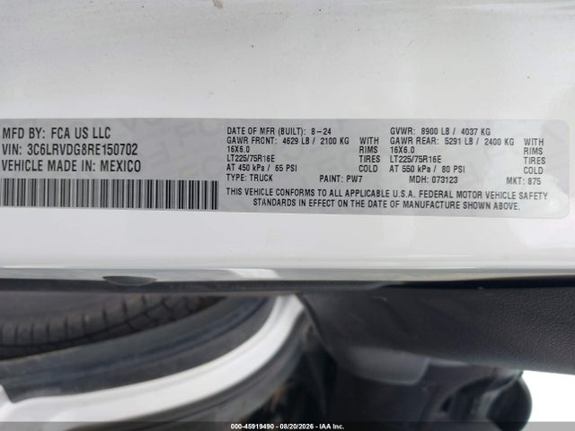 Aukcja sprzedaży 2024 Ram Promaster 2500 Tradesman High Roof 159 Wb W/pass Seat, vin: 3C6LRVDG8RE150702, numer aukcji: 45919490
