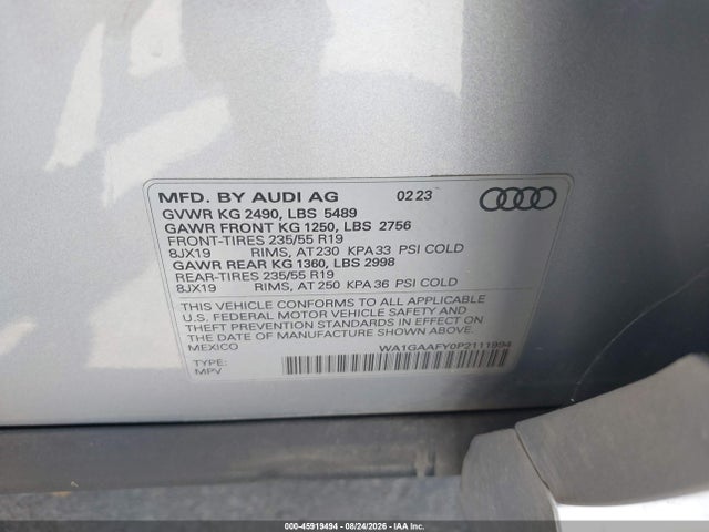 2023 Audi Q5 Premium 45 Tfsi S Line Quattro მანქანა იყიდება აუქციონზე, vin: WA1GAAFY0P2111994, აუქციონის ნომერი: 45919494