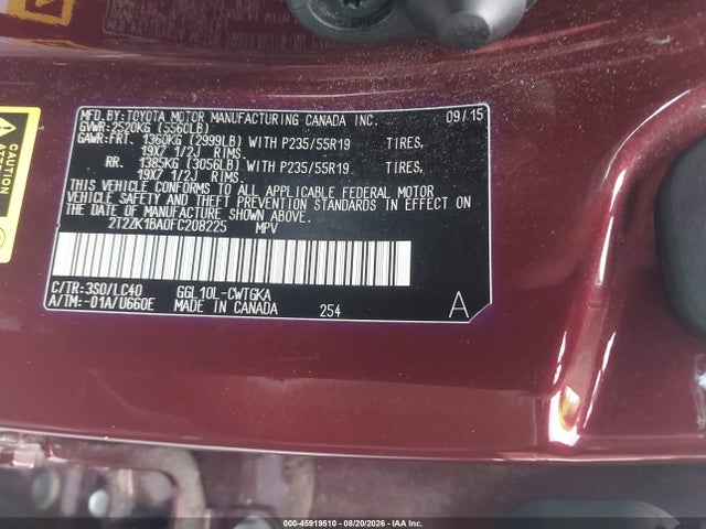 45919510 :رقم المزاد ، 2T2ZK1BA0FC208225 vin ، 2015 Lexus Rx 350 مزاد بيع
