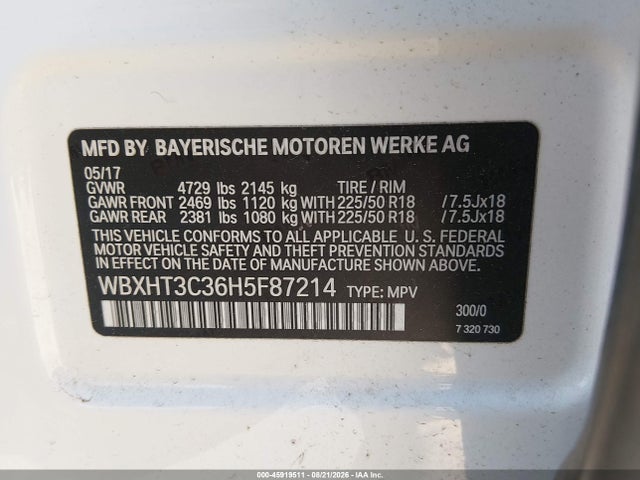 45919511 :رقم المزاد ، WBXHT3C36H5F87214 vin ، 2017 Bmw X1 Xdrive28i مزاد بيع