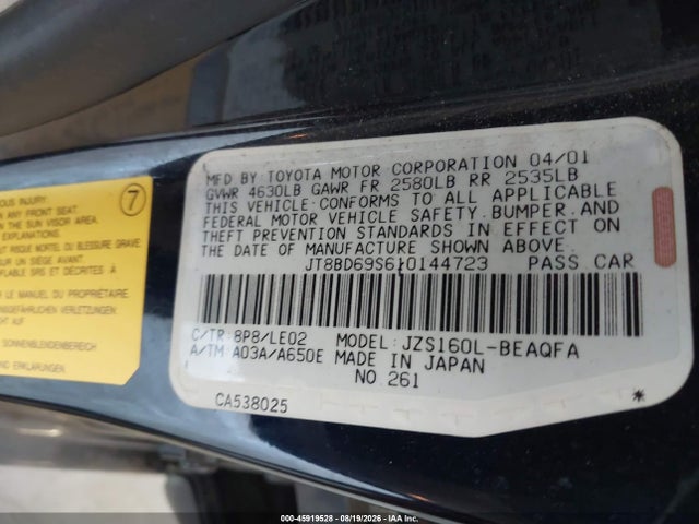 Aukcja sprzedaży 2001 Lexus Gs 300, vin: JT8BD69S610144723, numer aukcji: 45919528