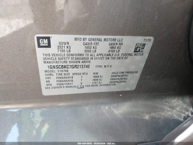 2016 Chevrolet Tahoe Lt მანქანა იყიდება აუქციონზე, vin: 1GNSCBKC7GR213740, აუქციონის ნომერი: 45919543