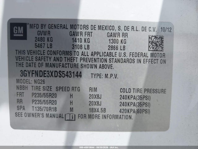 Aukcja sprzedaży 2013 Cadillac Srx Performance Collection, vin: 3GYFNDE3XDS543144, numer aukcji: 45919544
