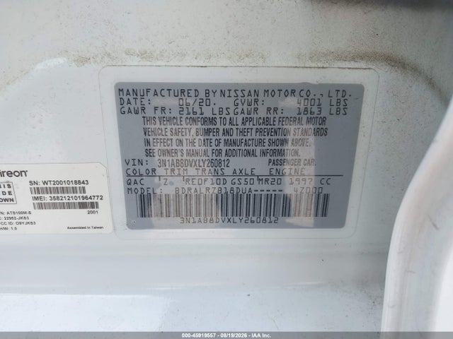45919557 :رقم المزاد ، 3N1AB8DVXLY260812 vin ، 2020 Nissan Sentra Sr مزاد بيع