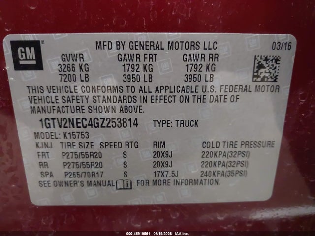 Продаж на аукціоні авто 2016 Gmc Sierra 1500 Slt, vin: 1GTV2NEC4GZ253814, номер лоту: 45919561