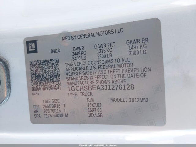 Продажа на аукционе авто 2018 Chevrolet Colorado Wt, vin: 1GCHSBEA3J1276128, номер лота: 45919563