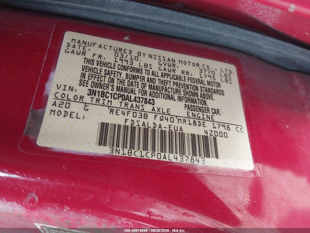 Продаж на аукціоні авто 2010 Nissan Versa 1.8s, vin: 3N1BC1CP0AL437843, номер лоту: 45919568