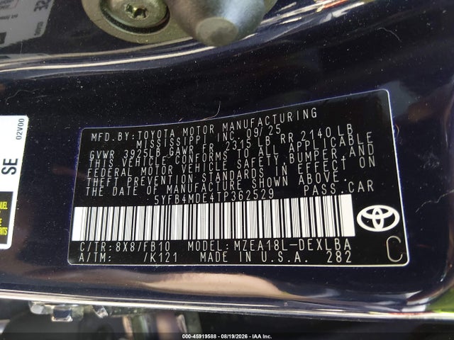 45919588 :رقم المزاد ، 5YFB4MDE4TP362529 vin ، 2026 Toyota Corolla Le مزاد بيع