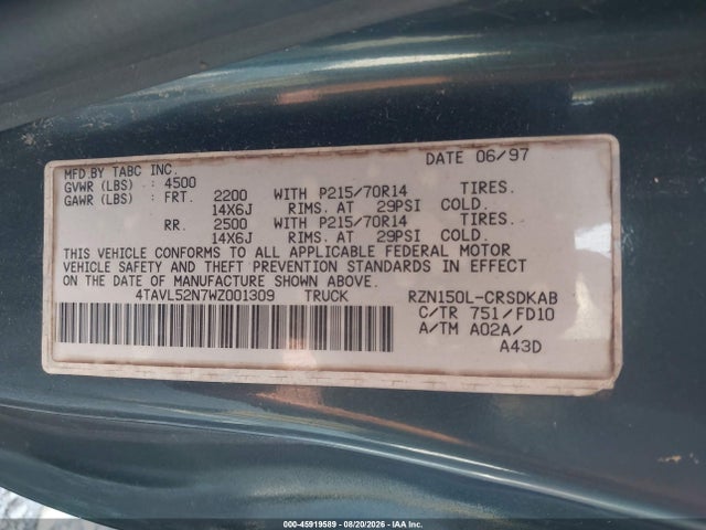 Aukcja sprzedaży 1998 Toyota Tacoma, vin: 4TAVL52N7WZ001309, numer aukcji: 45919589