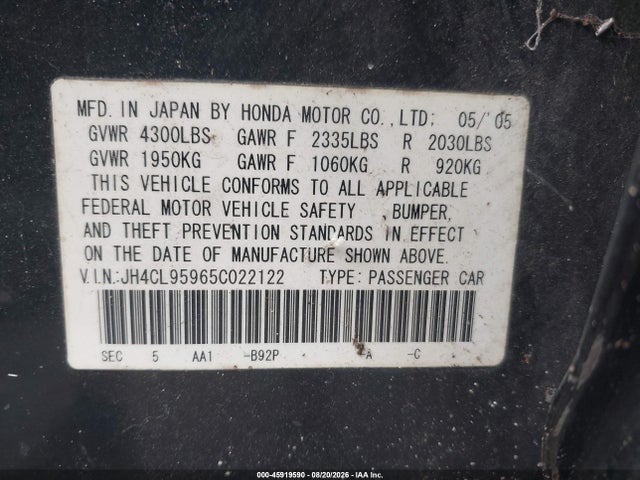 Продаж на аукціоні авто 2005 Acura Tsx, vin: JH4CL95965C022122, номер лоту: 45919590