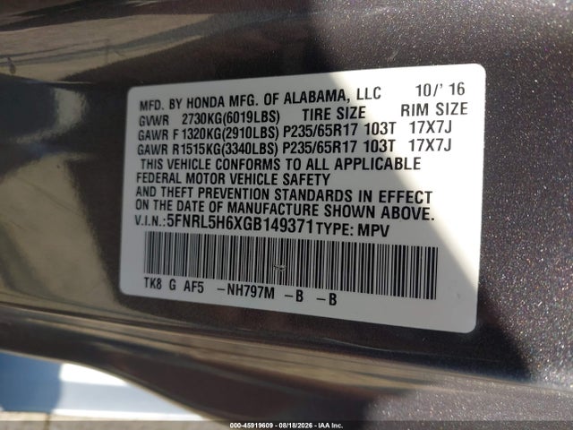 Honda Odyssey Ex-l 2016 5FNRL5H6XGB149371 Image 9