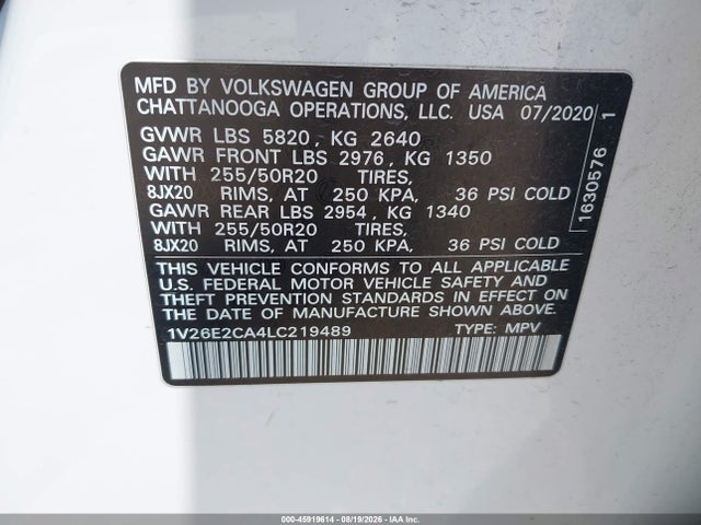 Aukcja sprzedaży 2020 Volkswagen Atlas Cross Sport 3.6l V6 Se W/technology/3.6l V6 Se W/technology R-line, vin: 1V26E2CA4LC219489, numer aukcji: 45919614