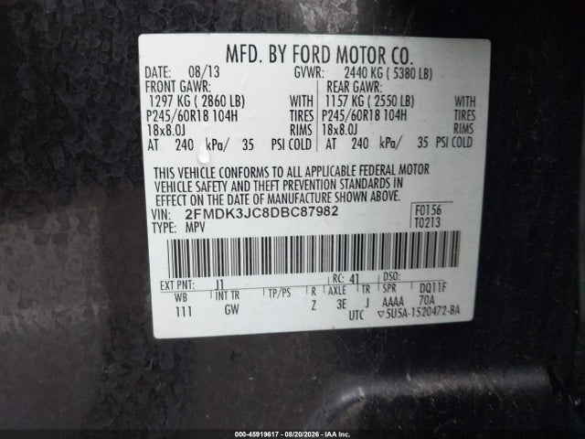 Продажа на аукционе авто 2013 Ford Edge Sel, vin: 2FMDK3JC8DBC87982, номер лота: 45919617