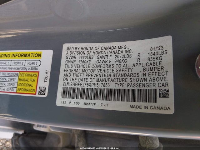 2023 Honda Civic Sport მანქანა იყიდება აუქციონზე, vin: 2HGFE2F5XPH517856, აუქციონის ნომერი: 45919620