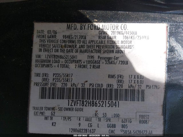 Продажа на аукционе авто 2006 Ford Mustang Gt, vin: 1ZVFT82H865215041, номер лота: 45919640