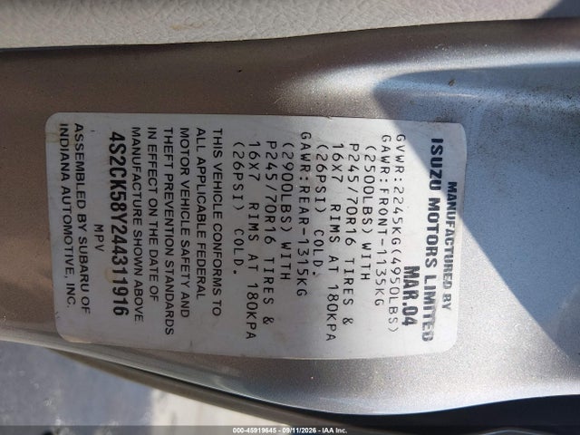2004 Isuzu Rodeo S 3.5l V6 მანქანა იყიდება აუქციონზე, vin: 4S2CK58Y244311916, აუქციონის ნომერი: 45919645