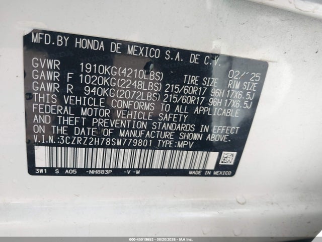 3CZRZ2H78SM779801 Honda Hr-v Awd Ex-l